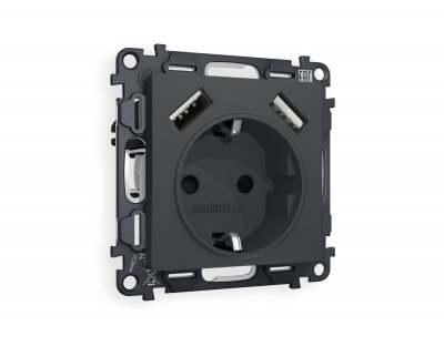 Комплект механизма электрической розетки ALFA MA909010 Графит мягкое касание 2USB A+A 18W быстрая зарядка с заземлением и шторками 2P+E 16A-250V QUANT Ambrella Volt Комплект механизма электрической розетки ALFA MA909010 Графит мягкое касание 2USB A+A 18W быстрая зарядка с заземлением и шторками 2P+E 16A-250V QUANT Ambrella Volt