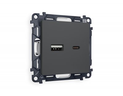 Комплект механизма розетки ALFA MA911010 Графит мягкое касание 2USB A+C 20W быстрая зарядка QUANT Ambrella Volt Комплект механизма розетки ALFA MA911010 Графит мягкое касание 2USB A+C 20W быстрая зарядка QUANT Ambrella Volt