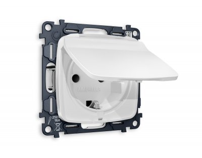 Комплект механизма электрической розетки OMEGA MO128010 Белый матовый с заземлением со шторками и защитной крышкой 2P+E 16A-250V IP44 QUANT Ambrella Volt Комплект механизма электрической розетки OMEGA MO128010 Белый матовый с заземлением со шторками и защитной крышкой 2P+E 16A-250V IP44 QUANT Ambrella Volt