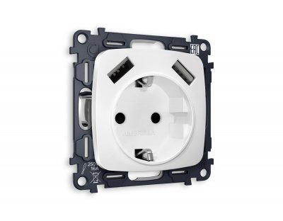 Комплект механизма электрической розетки OMEGA MO129010 Белый матовый 2USB A+A 18W быстрая зарядка с заземлением со шторками 2P+E 16A-250V QUANT Ambrella Volt