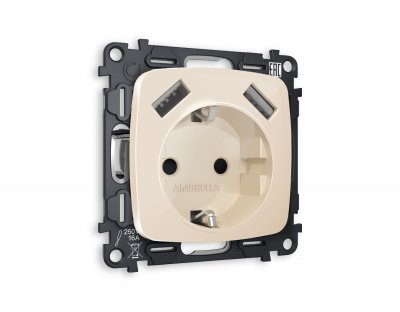 Комплект механизма электрической розетки OMEGA MO309010 Бежевый глянец 2USB A+A 18W быстрая зарядка с заземлением и шторками 2P+E 16A-250V QUANT Ambrella Volt Комплект механизма электрической розетки OMEGA MO309010 Бежевый глянец 2USB A+A 18W быстрая зарядка с заземлением и шторками 2P+E 16A-250V QUANT Ambrella Volt