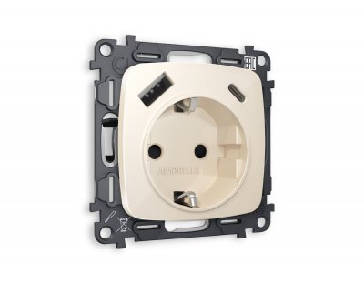 Комплект механизма электрической розетки OMEGA MO310010 Бежевый глянец 2USB A+C 20W быстрая зарядка с заземлением и шторками 2P+E 16A-250V QUANT Ambrella Volt