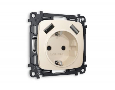 Комплект механизма электрической розетки OMEGA MO329010 Бежевый матовый 2USB A+A 18W быстрая зарядка с заземлением со шторками 2P+E 16A-250V QUANT Ambrella Volt