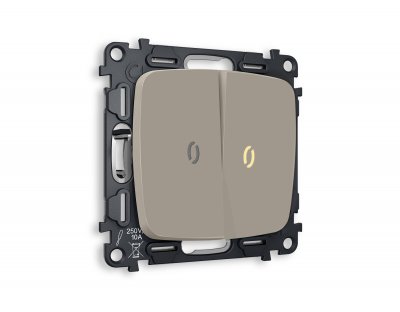 Комплект механизма 2-клавишного проходного выключателя с подсветкой 3200K OMEGA MO364030 Серо-бежевый матовый QUANT Ambrella Volt Комплект механизма 2-клавишного проходного выключателя с подсветкой 3200K OMEGA MO364030 Серо-бежевый матовый QUANT Ambrella Volt