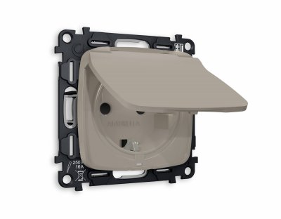 Комплект механизма электрической розетки OMEGA MO368010 Серо-бежевый матовый с заземлением со шторками и защитной крышкой 2P+E 16A-250V IP44 QUANT Ambrella Volt