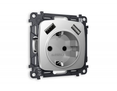 Комплект механизма электрической розетки OMEGA MO409010 Серебро глянец 2USB A+A 18W быстрая зарядка с заземлением и шторками 2P+E 16A-250V QUANT Ambrella Volt Комплект механизма электрической розетки OMEGA MO409010 Серебро глянец 2USB A+A 18W быстрая зарядка с заземлением и шторками 2P+E 16A-250V QUANT Ambrella Volt