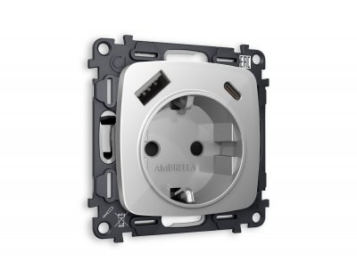 Комплект механизма электрической розетки OMEGA MO410010 Серебро глянец 2USB A+C 20W быстрая зарядка с заземлением и шторками 2P+E 16A-250V QUANT Ambrella Volt