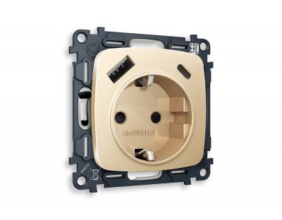 Комплект механизма электрической розетки OMEGA MO610010 Шампань 2USB A+C 20W быстрая зарядка с заземлением и шторками 2P+E 16A-250V QUANT Ambrella Volt Комплект механизма электрической розетки OMEGA MO610010 Шампань 2USB A+C 20W быстрая зарядка с заземлением и шторками 2P+E 16A-250V QUANT Ambrella Volt