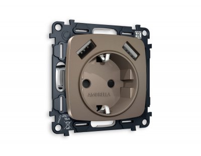Комплект механизма электрической розетки OMEGA MO639010 Темная бронза матовый 2USB A+A 18W быстрая зарядка с заземлением и шторками 2P+E 16A-250 QUANT Ambrella Volt