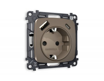 Комплект механизма электрической розетки OMEGA MO640010 Темная бронза матовый 2USB A+C20W быстрая зарядка с заземлением и шторками 2P+E 16A-250V QUANT Ambrella Volt