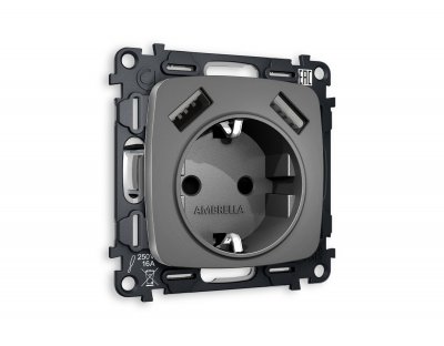 Комплект механизма электрической розетки OMEGA MO659010 Антрацит серый 2USB A+A 18W быстрая зарядка с заземлением и шторками 2P+E 16A-250V QUANT Ambrella Volt Комплект механизма электрической розетки OMEGA MO659010 Антрацит серый 2USB A+A 18W быстрая зарядка с заземлением и шторками 2P+E 16A-250V QUANT Ambrella Volt