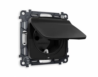 Комплект механизма электрической розетки OMEGA MO808010 Черный матовый с заземлением с шторками и защитной крышкой 2P+E 16A-250V IP44 QUANT Ambrella Volt