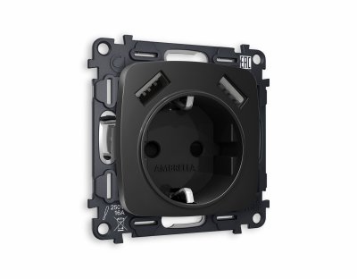 Комплект механизма электрической розетки OMEGA MO809010 Черный матовый 2USB A+A 18W быстрая зарядка с заземлением и шторками 2P+E 16A-250V QUANT Ambrella Volt Комплект механизма электрической розетки OMEGA MO809010 Черный матовый 2USB A+A 18W быстрая зарядка с заземлением и шторками 2P+E 16A-250V QUANT Ambrella Volt