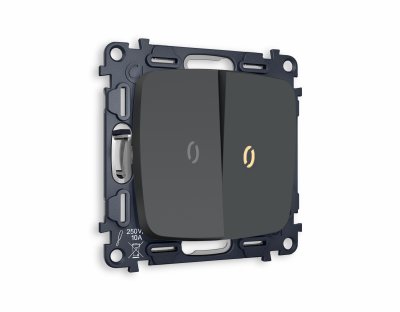 Комплект механизма 2-клавишного выключателя с подсветкой 3200K OMEGA MO904010 Графит мягкое касание QUANT Ambrella Volt