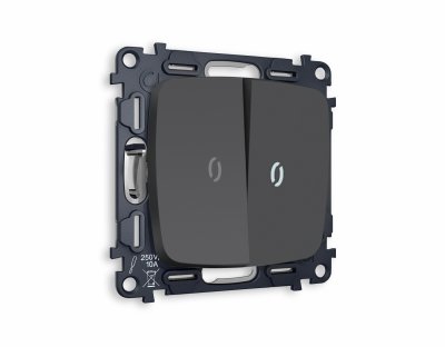 Комплект механизма 2-клавишного проходного выключателя с подсветкой 5600K OMEGA MO904035 Графит мягкое касание QUANT Ambrella Volt Комплект механизма 2-клавишного проходного выключателя с подсветкой 5600K OMEGA MO904035 Графит мягкое касание QUANT Ambrella Volt