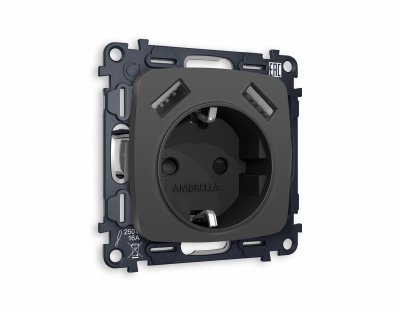 Комплект механизма электрической розетки OMEGA MO909010 Графит мягкое касание 2USB A+A 18W быстрая зарядка с заземлением и шторками 2P+E 16A-250 QUANT Ambrella Volt