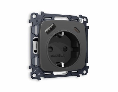 Комплект механизма электрической розетки OMEGA MO910010 Графит мягкое касание 2USB A+C 20W быстрая зарядка с заземлением и шторками 2P+E 16A-250 QUANT Ambrella Volt Комплект механизма электрической розетки OMEGA MO910010 Графит мягкое касание 2USB A+C 20W быстрая зарядка с заземлением и шторками 2P+E 16A-250 QUANT Ambrella Volt