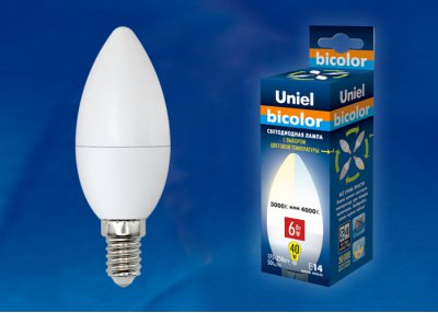 Лампа светодиодная Uniel LED-C37-6W/WW+NW/E14/FR PLB01WH