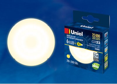 Лампа светодиодная Uniel LED-GX53-6W/WW/GX53/FR PLZ01WH Лампа светодиодная Uniel LED-GX53-6W/WW/GX53/FR PLZ01WH