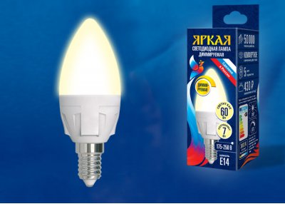 Лампа светодиодная Uniel LED-C37 7W/3000K/E14/FR/DIM PLP01WH
