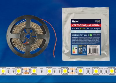 Лента светодиодная интерьерная Uniel ULS-M22-5050-30LED/m-10mm-IP20-DC12V-7,2W/m-5M-6500K PROFI