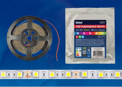 Лента светодиодная интерьерная Uniel ULS-M25-5050-60LED/m-10mm-IP20-DC12V-14,4W/m-5M-RGB PROFI