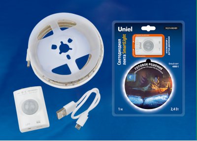 Комплект светодиодной ленты Uniel ULS-R21-2,4W/4000K/1,0M/RECH SENSOR Smart Light блистер Комплект светодиодной ленты Uniel ULS-R21-2,4W/4000K/1,0M/RECH SENSOR Smart Light блистер