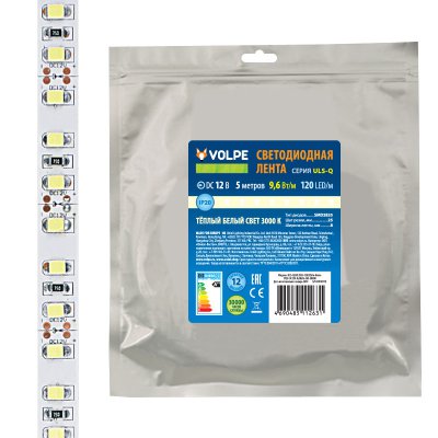 Лента светодиодная интерьерная Volpe ULS-Q330 2835-120LED/m-8mm-IP20-DC12V-9,6W/m-5M-3000K Лента светодиодная интерьерная Volpe ULS-Q330 2835-120LED/m-8mm-IP20-DC12V-9,6W/m-5M-3000K