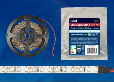 Лента светодиодная интерьерная Uniel ULS-2835-120LED/m-8mm-IP20-DC24V-9,6W/m-5M-6500K