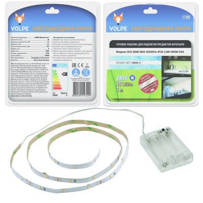 Комплект светодиодной ленты Volpe ULS-Q580 2835-30LED/m-IP20-1,0M-4000K-3AA блистер