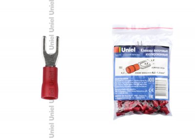 Клеммы вилочные изолированные Uniel UTC-U-3 A1 RED 100 POLYBAG Клеммы вилочные изолированные Uniel UTC-U-3 A1 RED 100 POLYBAG