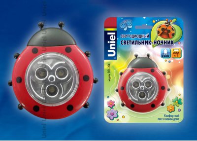 Светодиодный светильник-ночник на батарейках Uniel DTL-354 Божья Коровка/Red/3LED/3AAA