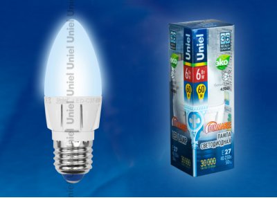 Лампа светодиодная диммируемая Uniel LED-C37-6W/NW/E27/FR/DIM ALP01WH пластик
