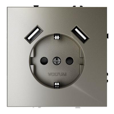 Розетка встраиваемая VOLTUM S70 с заземлением и защитными шторками, 16А, с USB, A+A, (шелк) (VLS040404)