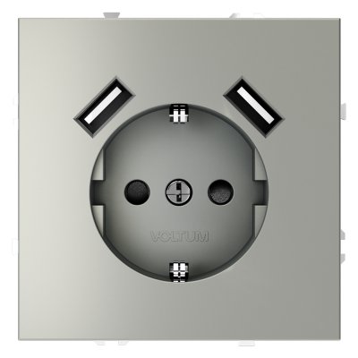 Розетка встраиваемая VOLTUM S70 с заземлением и защитными шторками, 16А, с USB, A+A, (сталь) (VLS040405)