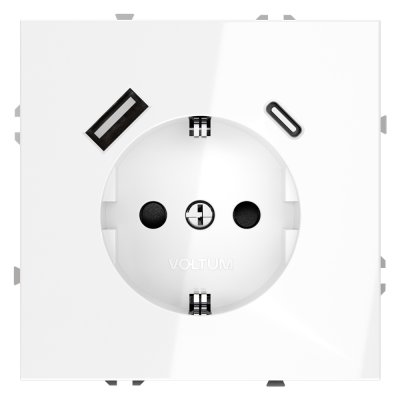 Розетка встраиваемая VOLTUM S70 с заземлением и защитными шторками, 16А, с USB, A+С, (белый глянцевый) (VLS040501)