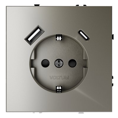 Розетка встраиваемая VOLTUM S70 с заземлением и защитными шторками, 16А, с USB, A+С, (шелк) (VLS040504)