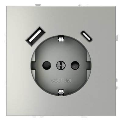 Розетка встраиваемая VOLTUM S70 с заземлением и защитными шторками, 16А, с USB, A+С, (сталь) (VLS040505)