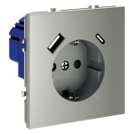 Розетка встраиваемая VOLTUM S70 с заземлением и защитными шторками, 16А, с USB, A+С, (сталь) (VLS040505)