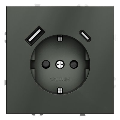 Розетка встраиваемая VOLTUM S70 с заземлением и защитными шторками, 16А, с USB, A+С, (титан) (VLS040506)