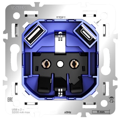 Механизм розетки с заземлением и защитными шторками 16А, с USB A+C, S70