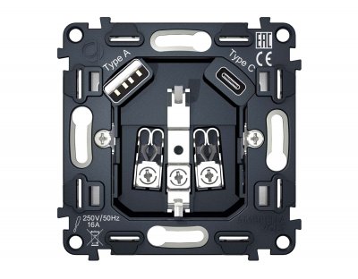 Механизм электрической розетки 2USB A+C 20W быстрая зарядка с заземлением на винтовых зажимах 16A 250V QUANT VM160 Ambrella Volt Механизм электрической розетки 2USB A+C 20W быстрая зарядка с заземлением на винтовых зажимах 16A 250V QUANT VM160 Ambrella Volt