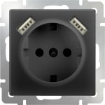 Розетка с заземлением, шторками и USBх2 (черный матовый) WL08-SKGS-USBx2-IP20 Werkel