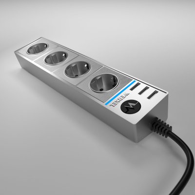 Розеточный блок 4-х местный + 3 USB серебряный/серебряный рифленый Werkel WL20-04-03