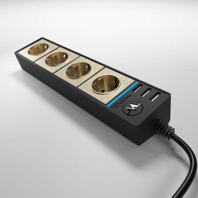 

Розеточный блок 4-х местный + 3 USB черный/шампань рифленый Werkel W6514944, W6514944