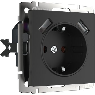 

Розетка с заземлением, шторками и USBх2 (черный матовый) W1171508 Werkel, W1171508