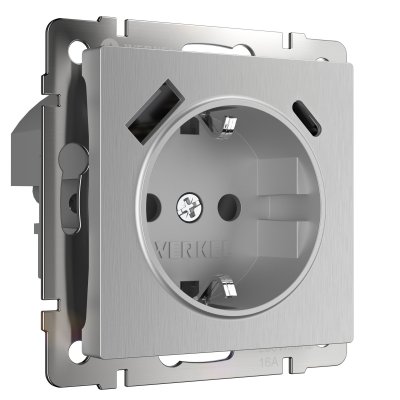 

Розетка с быстрой зарядкой USB Type A+С серебряный рифленый W1171709 Werkel, W1171709