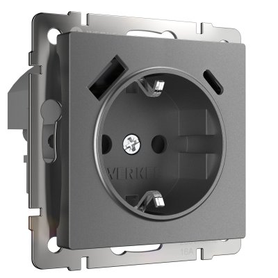 Розетка с заземлением, шторками и USB тип A+C  (графит матовый) W1171764 Werkel