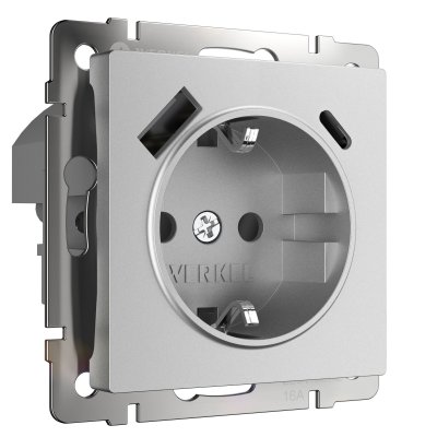 Розетка с заземлением, шторками и USB тип A+C  (серебряный матовый) W1171765 Werkel