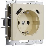 Розетка с заземлением, шторками и USB тип A+C (айвори акрил) Werkel W1171743